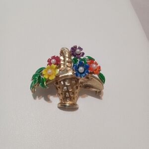 Vintage Flower Basket Brooch Signed St. Labre  Gold Tone Enamel Faux Pearl